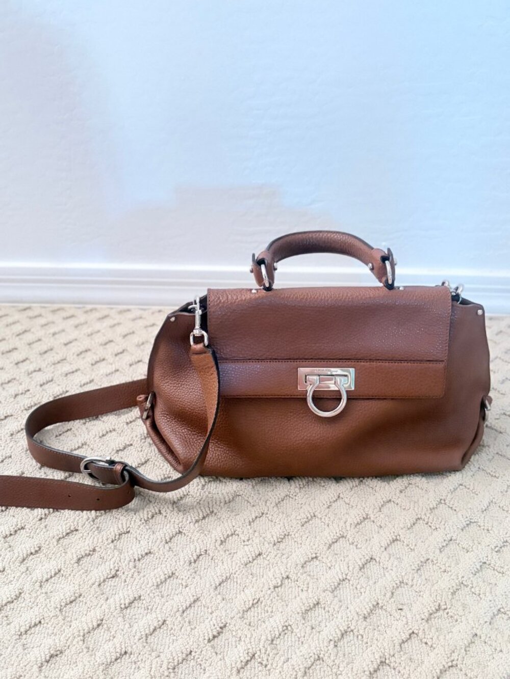 Salvatore Ferragamo Brown Pebbled Leather Gancini Satchel medium